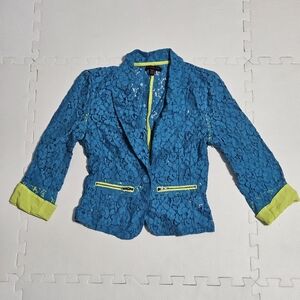 Material Girl Teal Lace Jacket with Lime Trim